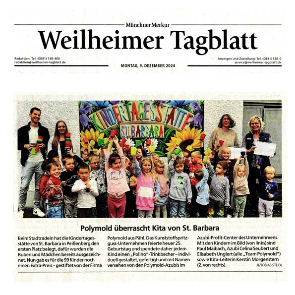 Weilheimer Tagblatt v. 9.12.2024 | POLYMOLD Überraschungspreis-Übergabe vom Stadtradeln 2024: Große Freude bei den Kinder der Kita St. Barbara in Peißenberg