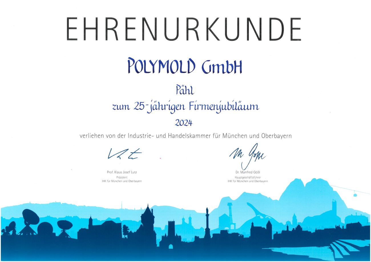 IHK Ehrenurkunde für POLYMOLD zum 25-jährigen Firmenjubiläum