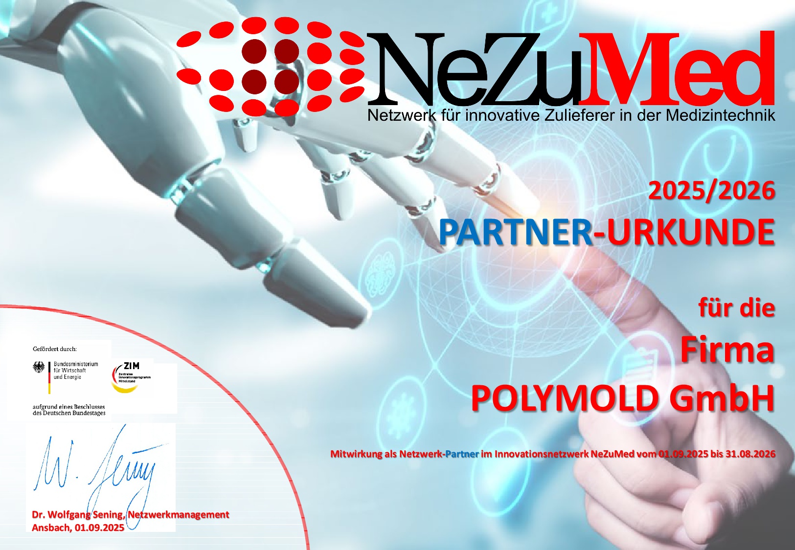 NeZuMed Partner-Urkunde von POLYMOLD im Netzwerk innovativer Zulieferer in der Medizintechnik
