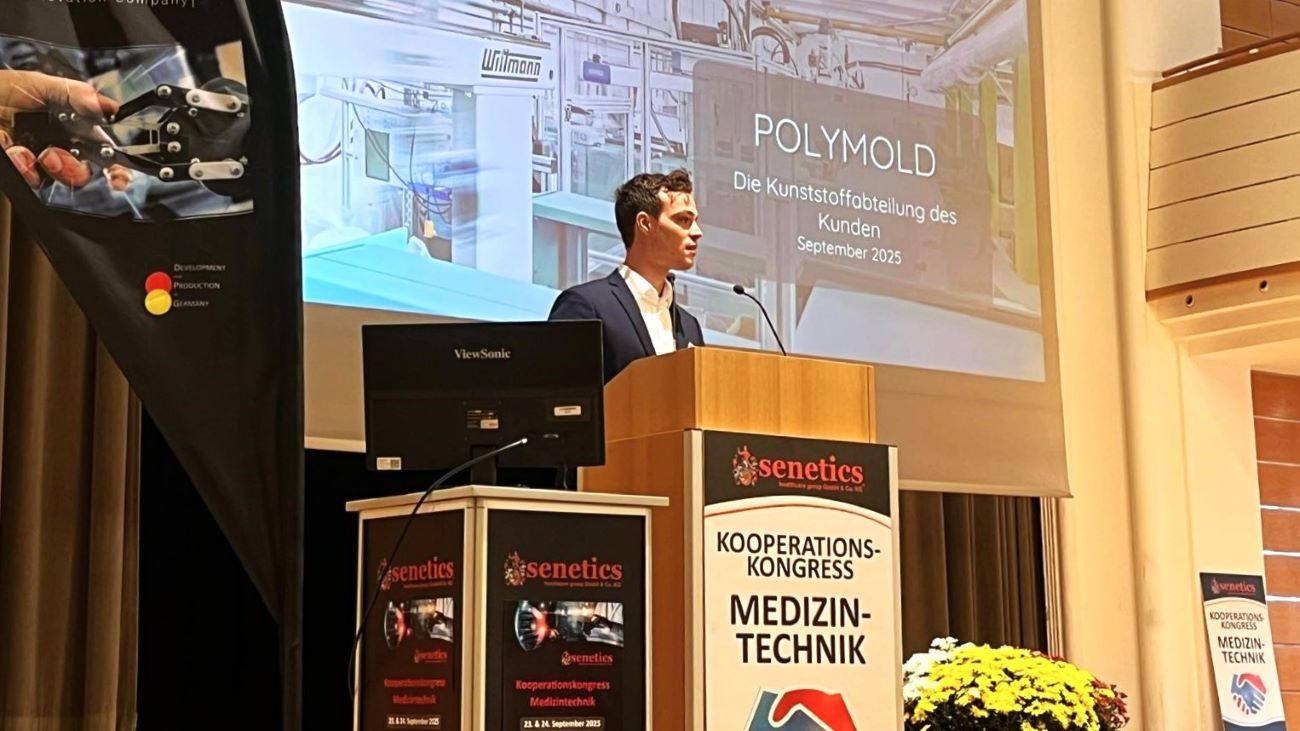 Kooperationskongress Medizintechnik 2025 in Ansbach ein voller Erfolg! Key Account Manager Tobias Steidl bei unserem Pitch: POLYMOLD - Die Kunststoffabteilung des Kunden!