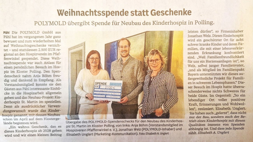 Pressemitteilung im Landsberger Tagblatt vom 22. Januar 2026 | POLYMOLD Weihnachtsspende statt Geschenke