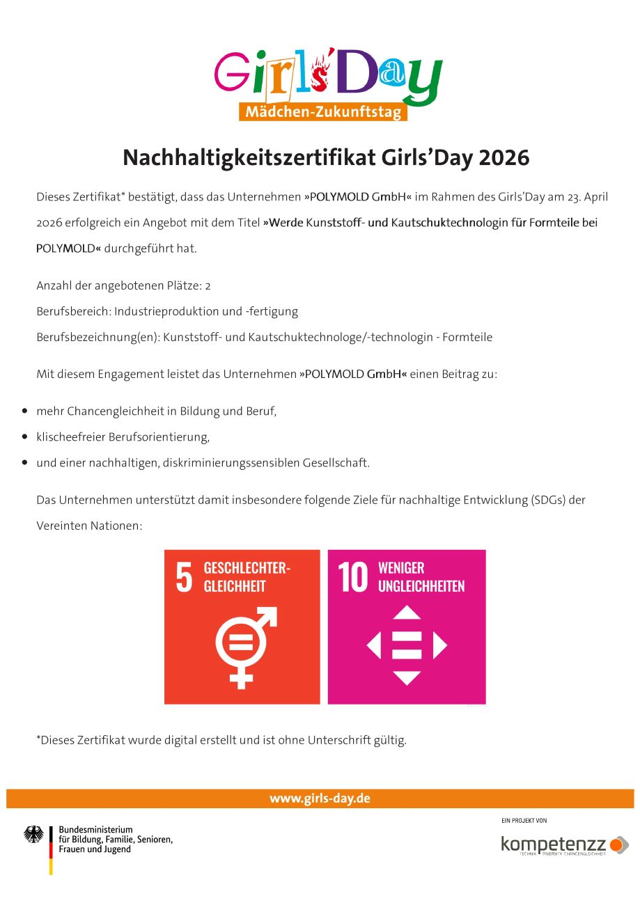 Nachhaltigkeitszertifikat für POLYMOLD zum Girls'Day 2026