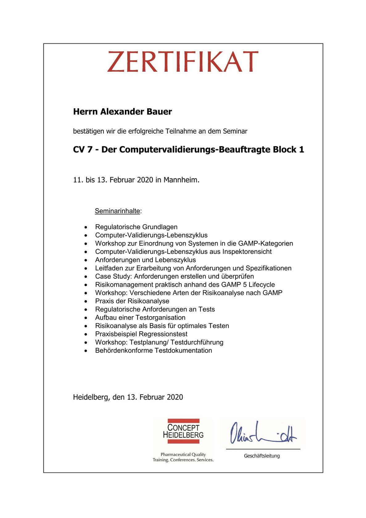Zertifikat von Alexander Bauer: Computervalidierungs-Beauftragter