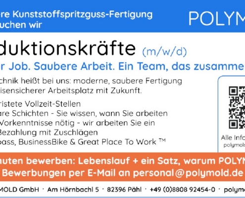 Stellenangebot: Wir suchen PRODUKTIONSKRÄFTE (m/w/d) für unsere Kunststoffspritzguss-Fertigung in Pähl. JETZT bei POLYMOLD in 2 Minuten bewerben!