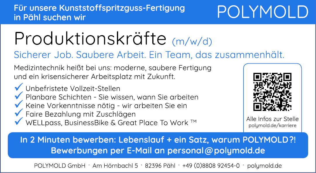 Produktionskräfte gesucht | von POLYMOLD in Pähl Wir suchen PRODUKTIONSKRÄFTE (m/w/d) für unsere Kunststoffspritzguss-Fertigung in Pähl. JETZT bei POLYMOLD in 2 Minuten bewerben!
