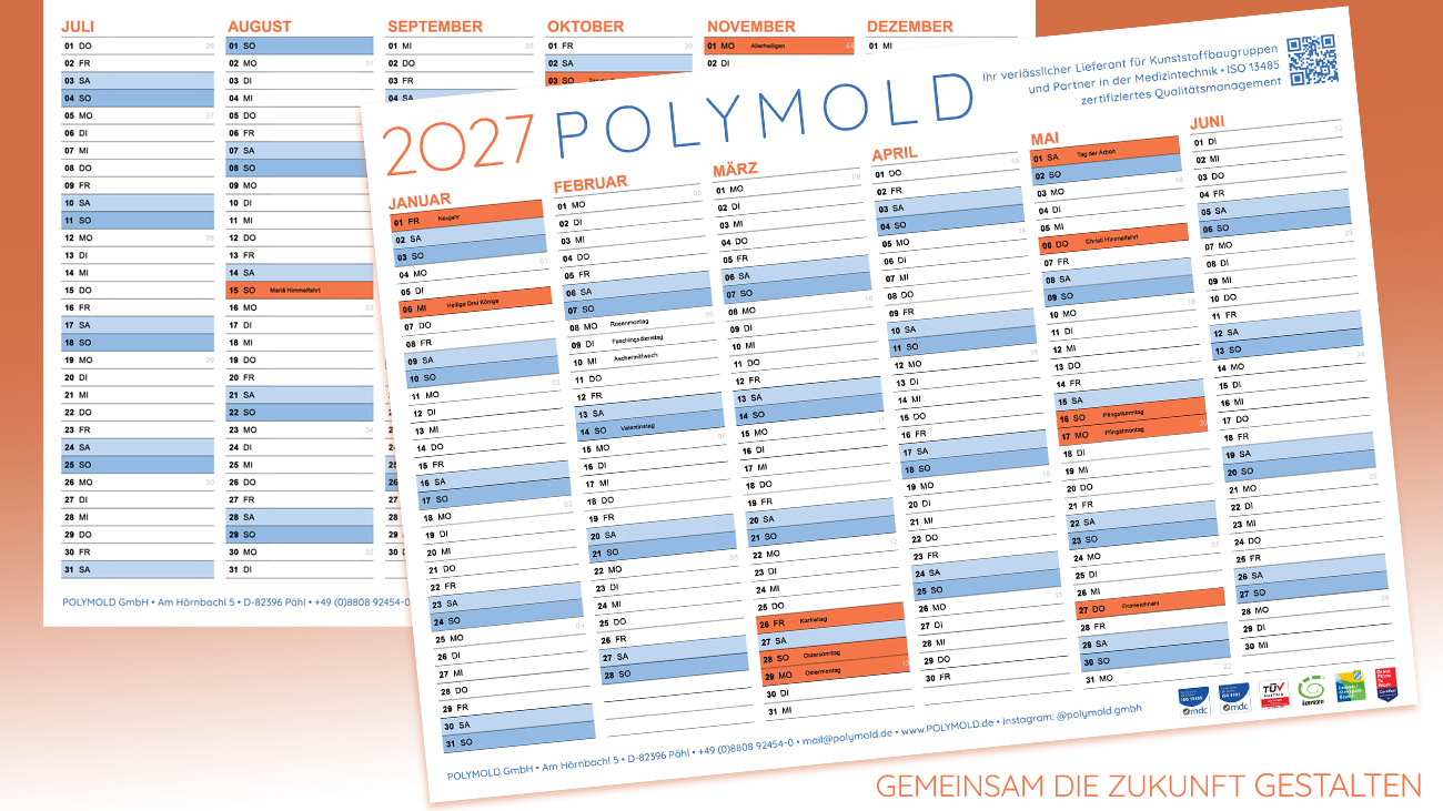 POLYMOLD Kalender 2027 "GEMEINSAM DIE ZUKUNFT GESTALTEN" ist auch im nächsten Jahr wieder angesagt. Hier unser praktischer POLYMOLD Wendekalender 2027 in DIN-A4 zum Download.
