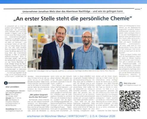 POLYMOLD im Münchner Merkur | Wirtschaftsteil vom Wochenende 2./3./4. Oktober 2026: Jonathan Welz über das Abenteuer Nachfolge & wie es gelingen kann.