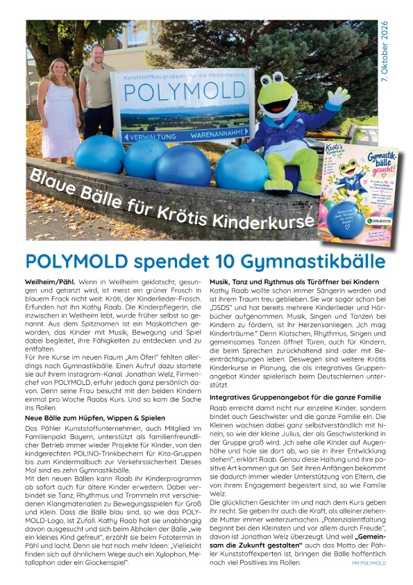 POLYMOLD spendet 10 Gymnastikbälle für Krötis Kinderkurse in Weilheim